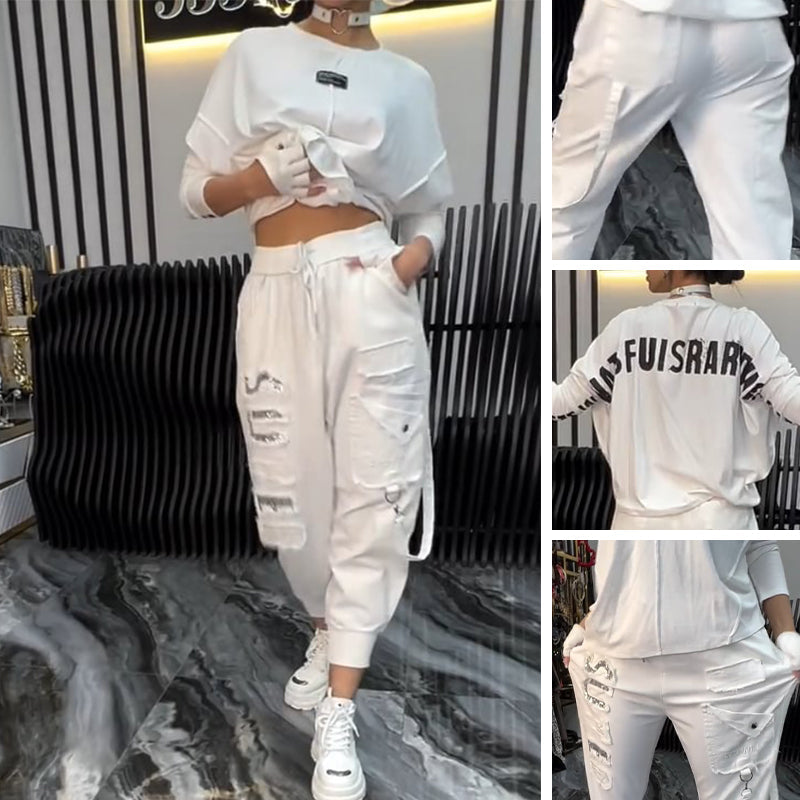 Casual women's two-piece: top with letter print & pants