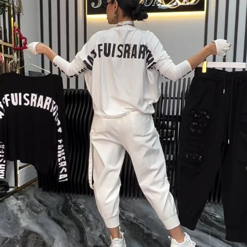 Casual women's two-piece: top with letter print & pants
