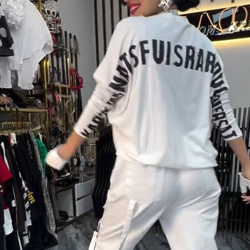 Casual women's two-piece: top with letter print & pants