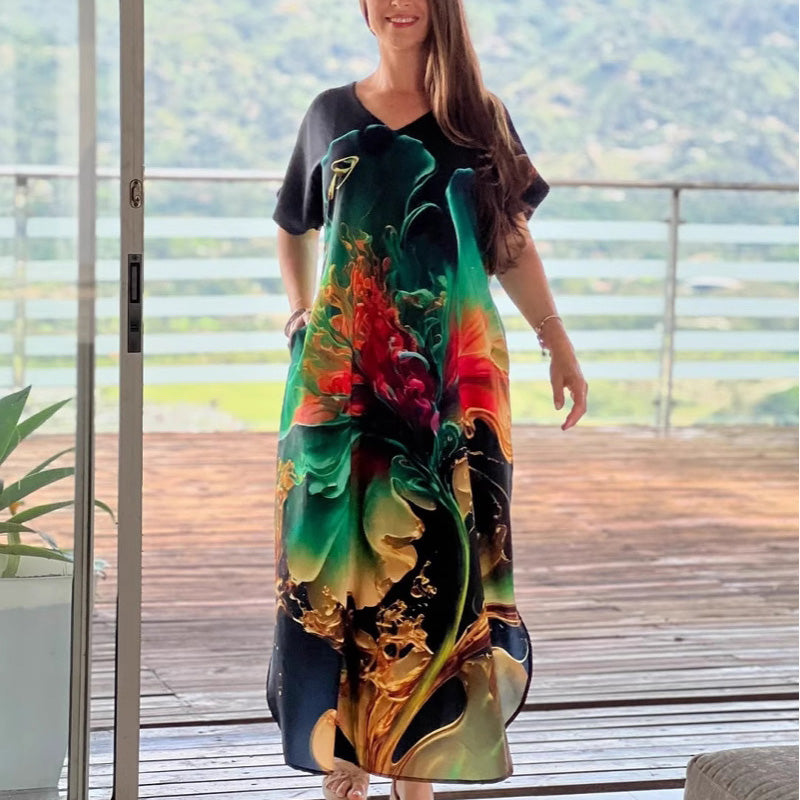 PrintEase™ V-Neck Midi Dress