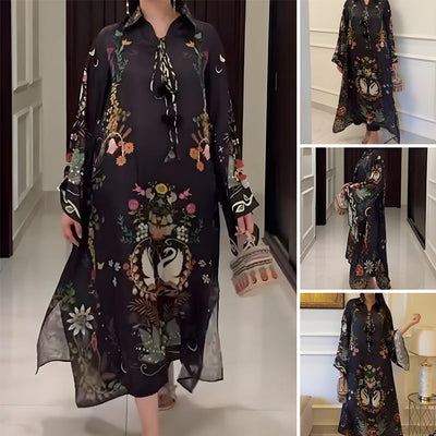 Women's Loose Long Sleeve Printed Maxi Dress with V-Neck