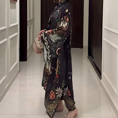Women's Loose Long Sleeve Printed Maxi Dress with V-Neck
