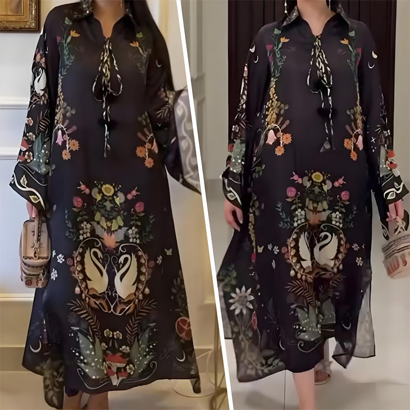Women's Loose Long Sleeve Printed Maxi Dress with V-Neck