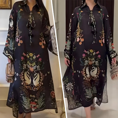 Women's Loose Long Sleeve Printed Maxi Dress with V-Neck